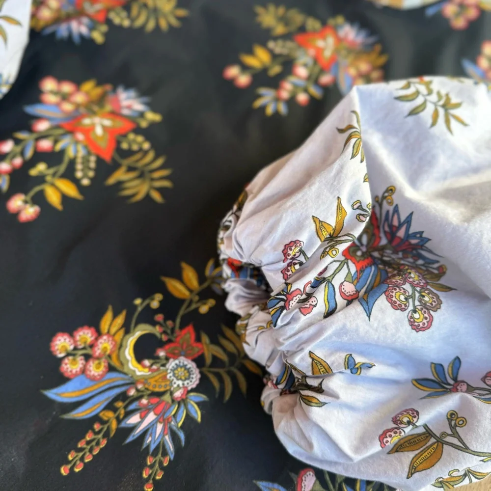 LOFT Black Floral Boho Balloon Sleeve Cotton Blouse XS Cottagecore Romantic